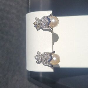 Swarovski Signed Vintage Silver Pearl Rhinestone Crystal Bell Earrings